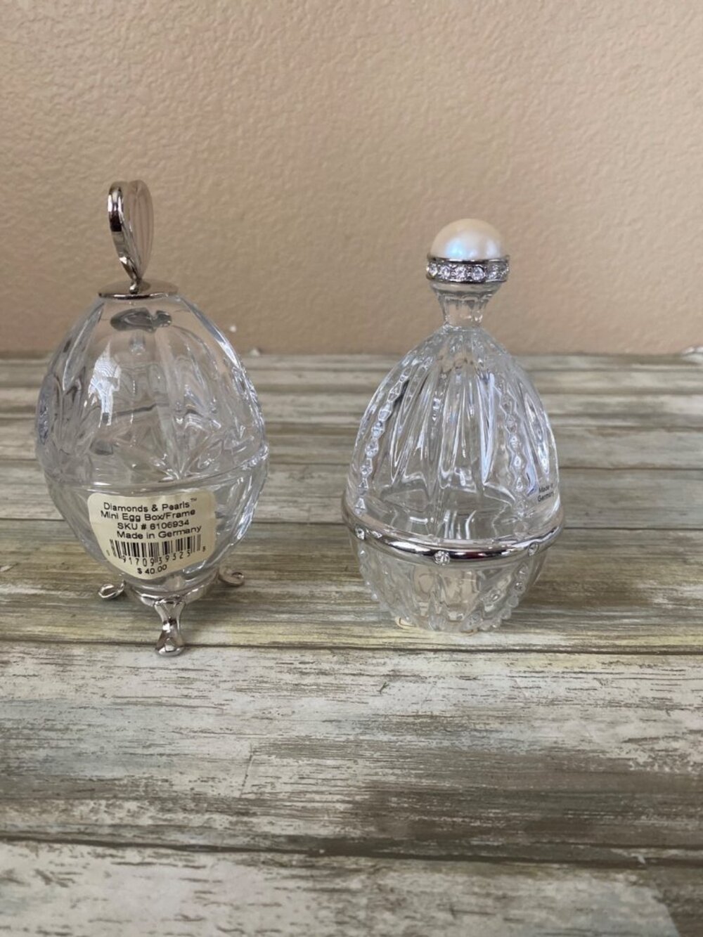 Lenox Crystal Egg Trinket Boxes Diamonds & Pearls Made in Germany Set of 2 - Picture 3 of 16